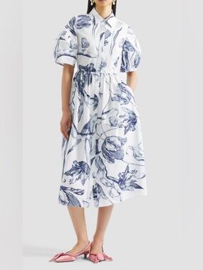 ERDEM White Dress with Blue Botanical Print